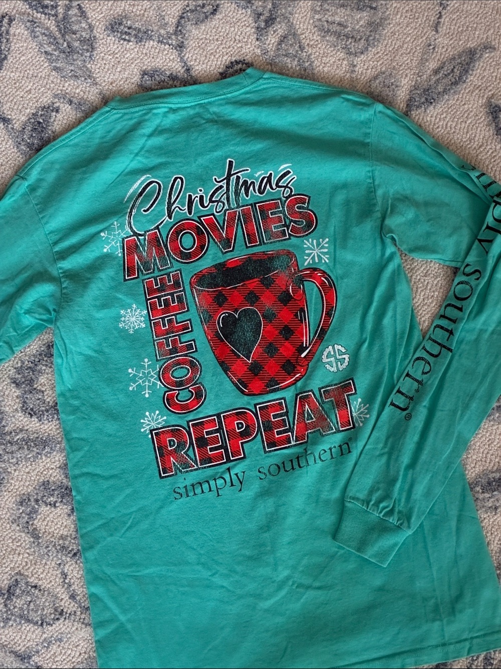 Simply Southern Teal Graphic Long Sleeve - Holiday/Christmas Coffee & Movies